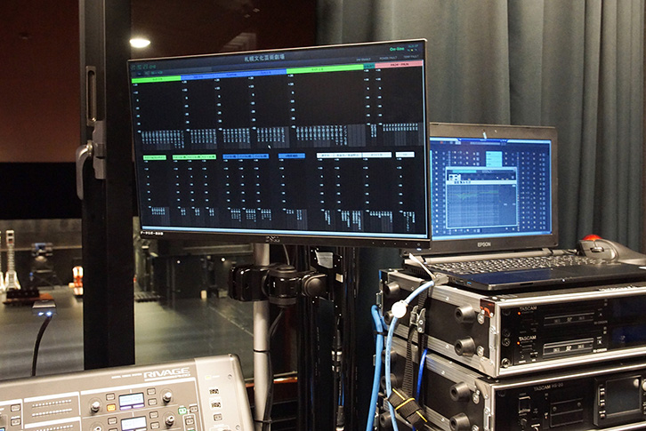 音響調整室のヤマハ「RIVAGE PM10」の右隣にデータロガー用のモニターが設置されている