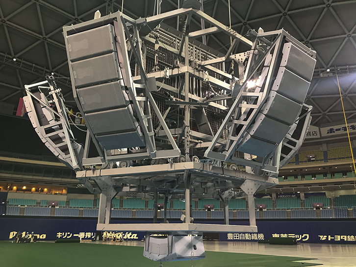 メインクラスターは、NEXO 「GEO S1210-ST」×4台＋「GEO S1230-ST」×1台のラインアレイが6方向、さらに真下方向に3台の「GEO S1210-ST」で構成