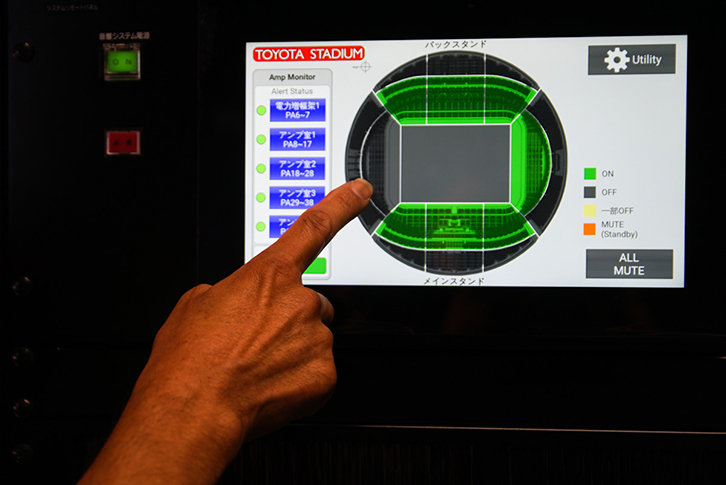 タッチパネル方式のシステムリモートパネル
 各パワーアンプ稼働状況のモニタリングと、音声をサービスするエリア（スピーカーのON/OFF）が指定できる