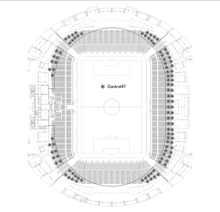 図6　スピーカーレイアウト（アンダーバルコニー）「JBLPROFESSIONAL Control 47」が104台
