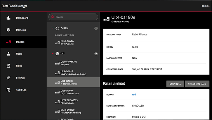 Danteネットワーク管理ソフト、AUDINATE Dante Domain Managerの画面。ドメインごとにデバイスとユーザーを登録し、各ユーザーがドメインに対してどのような操作が可能か、という部分まで制限できる